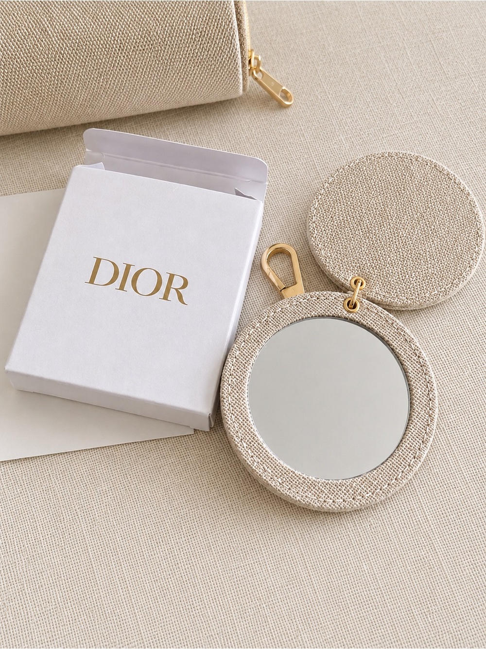Dior Beige Linen Round Mirror Keychain Bag Charm Gold Clasp New In Box VIP/GWP - Picture 2 of 6